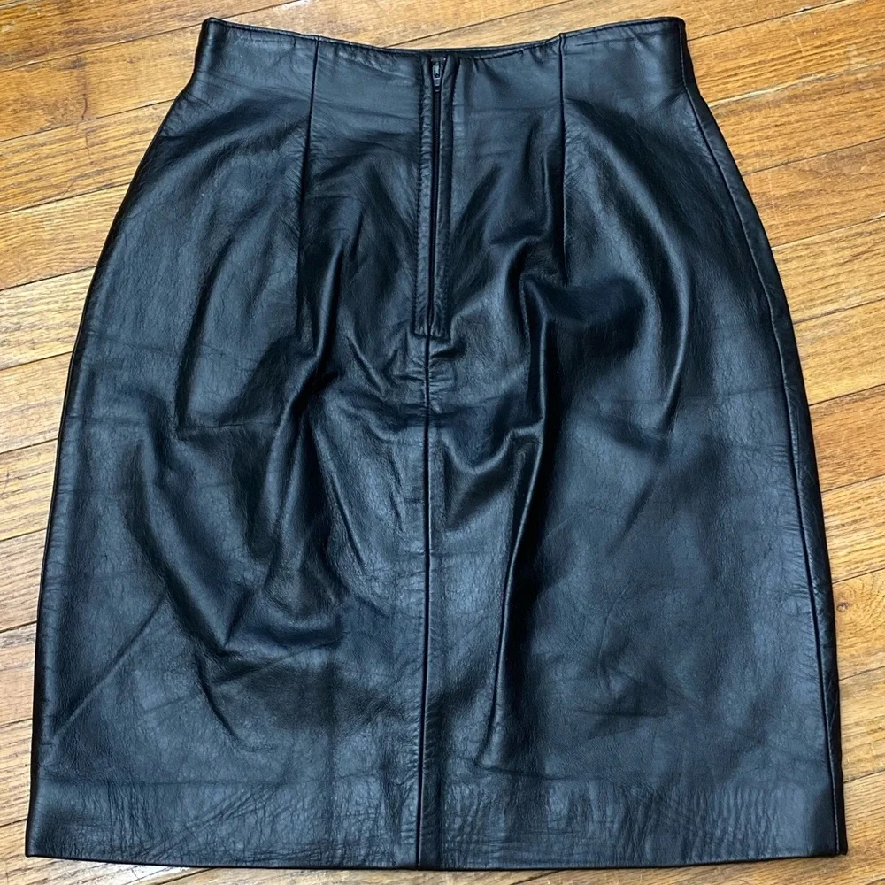 Vintage 80s Womens Byrnes & Baker Black Leather High Rise Pencil Skirt Size 4 - Picture 2 of 8